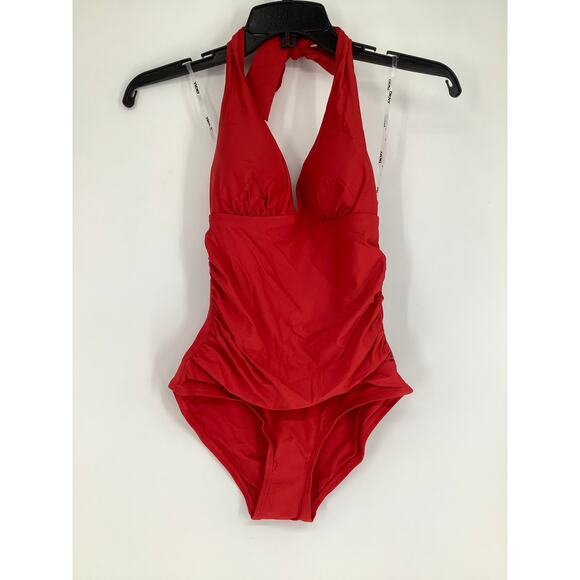 DKNY Women's XS Real Red Triangle Halter Neck One Piece Swimsuit L8-17 - Picture 2 of 7